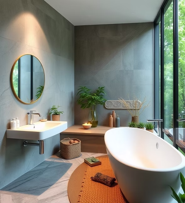 Biophilic bathroom with freestanding bath and woodland views