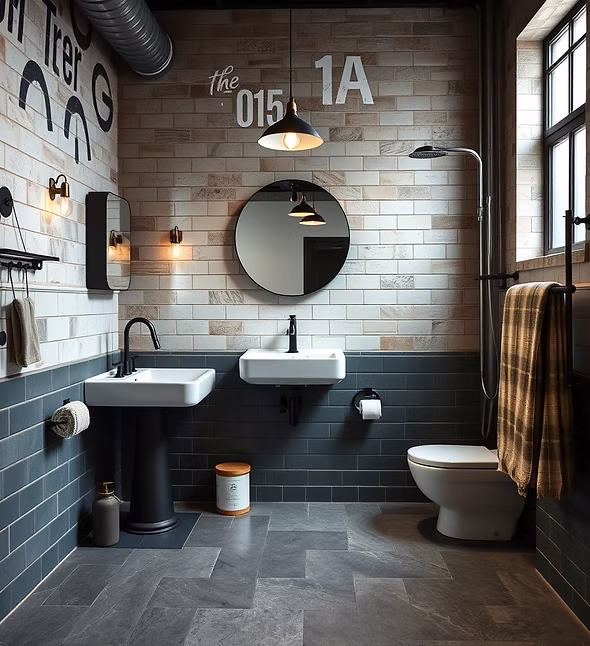 Industrial bathroom with dark tiles and black fixtures