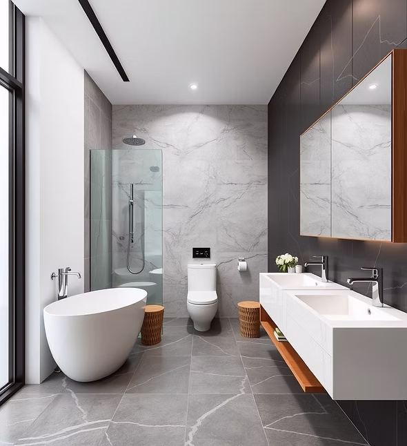 Contemporary bathroom with freestanding bath and marble finishes