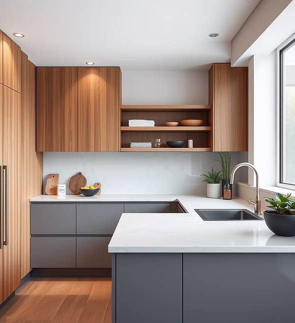 Modern handleless kitchen with timber and charcoal cabinetry
