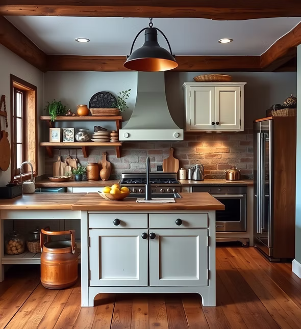 Rustic kitchen with brick backsplash and timber worktops