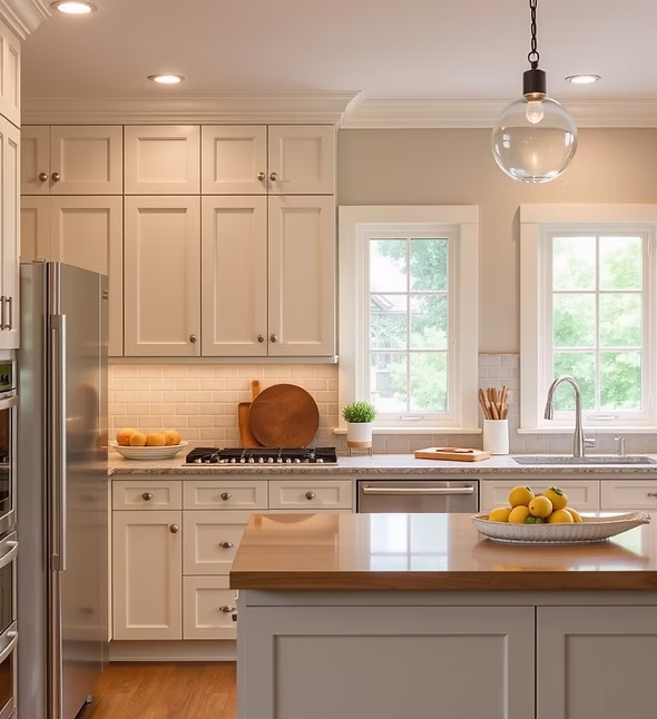 Cream shaker kitchen with timber island